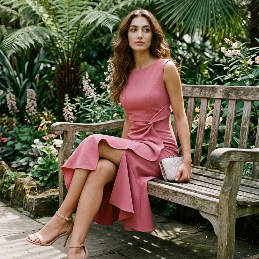 Women’s Midi Dress with Asymmetric Draped Ruffle and Sleeveless Fit - Image 2