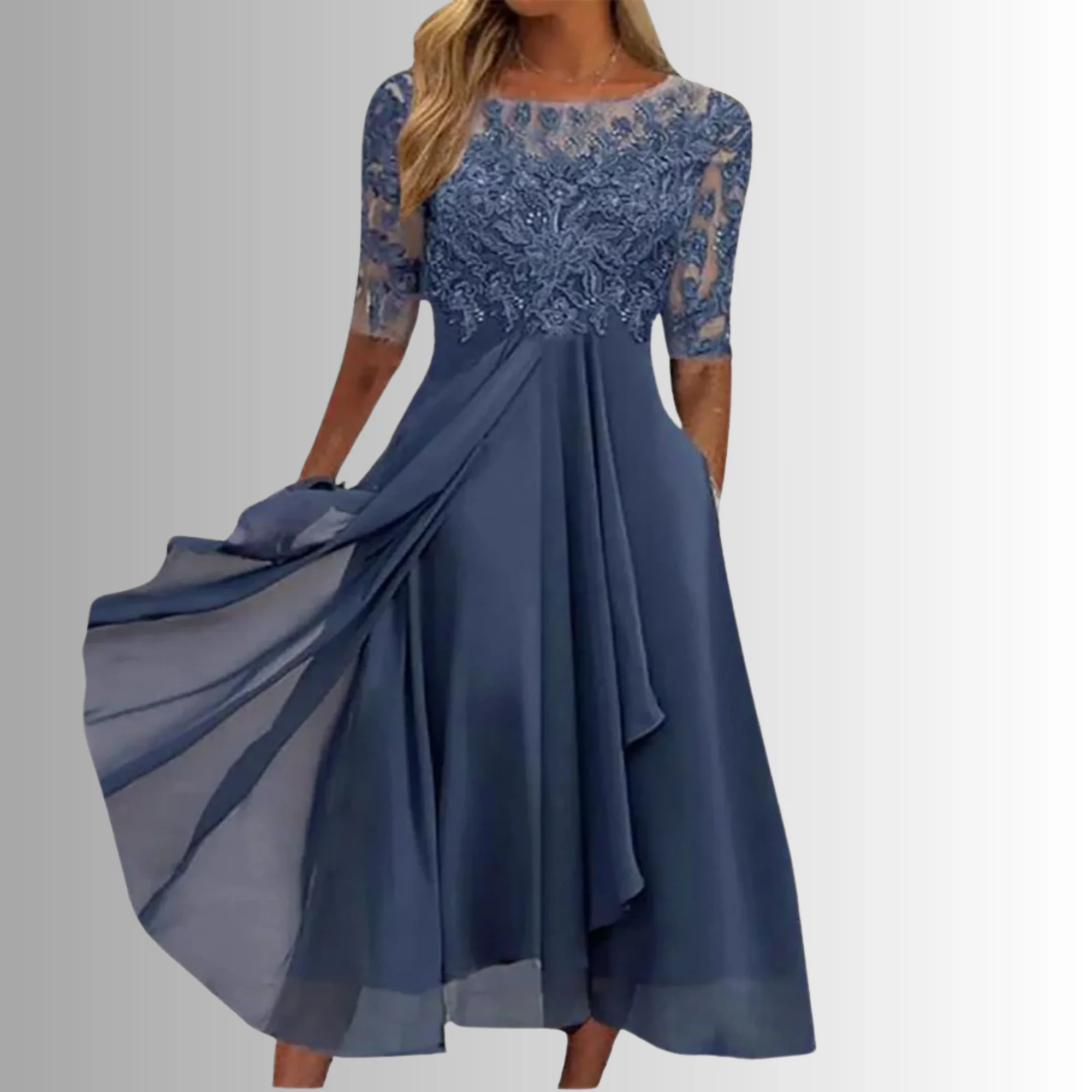 Women’s Midi Dress with Lace Appliqué Bodice and Flowing Chiffon Skirt - Image 2