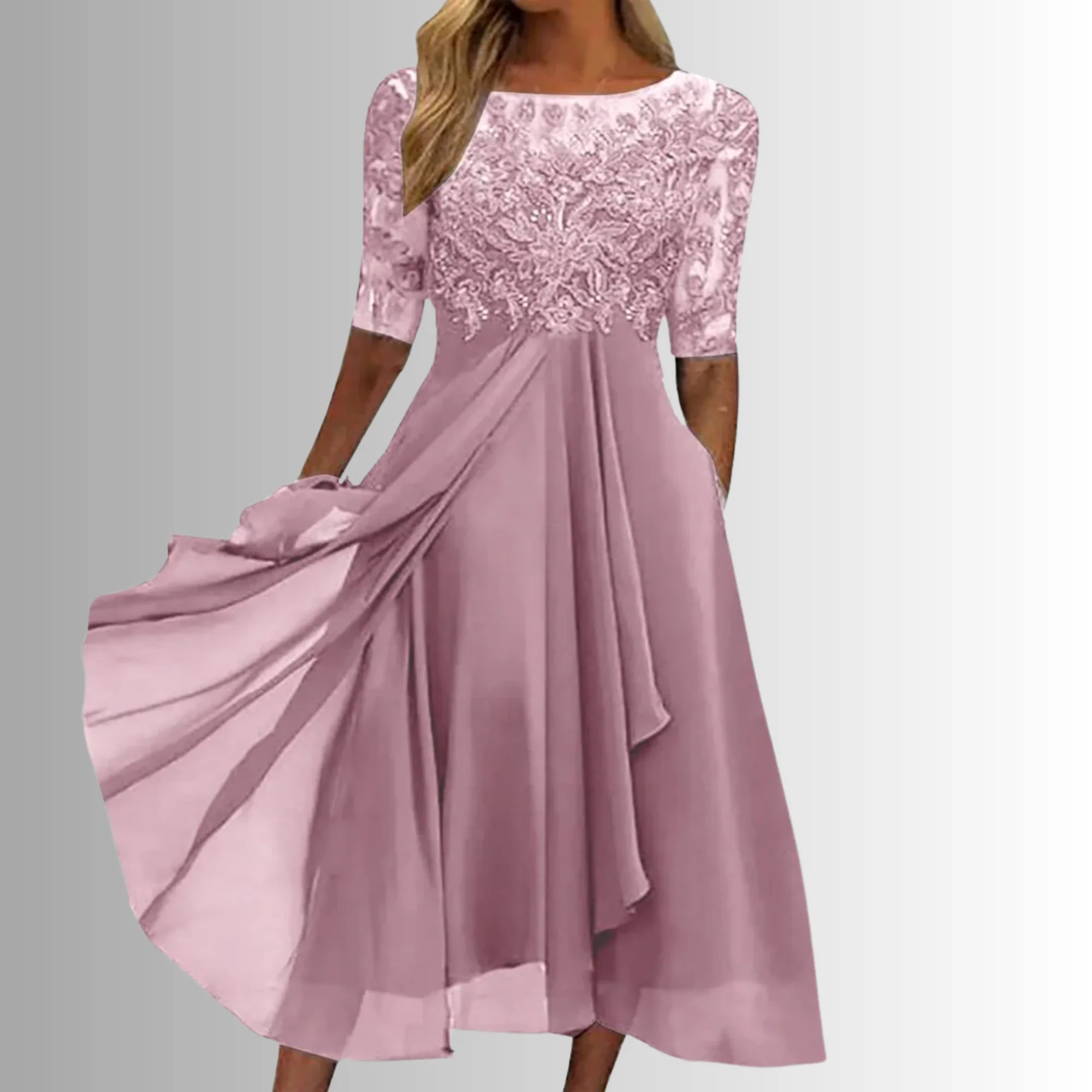 Women’s Midi Dress with Lace Appliqué Bodice and Flowing Chiffon Skirt - Image 3