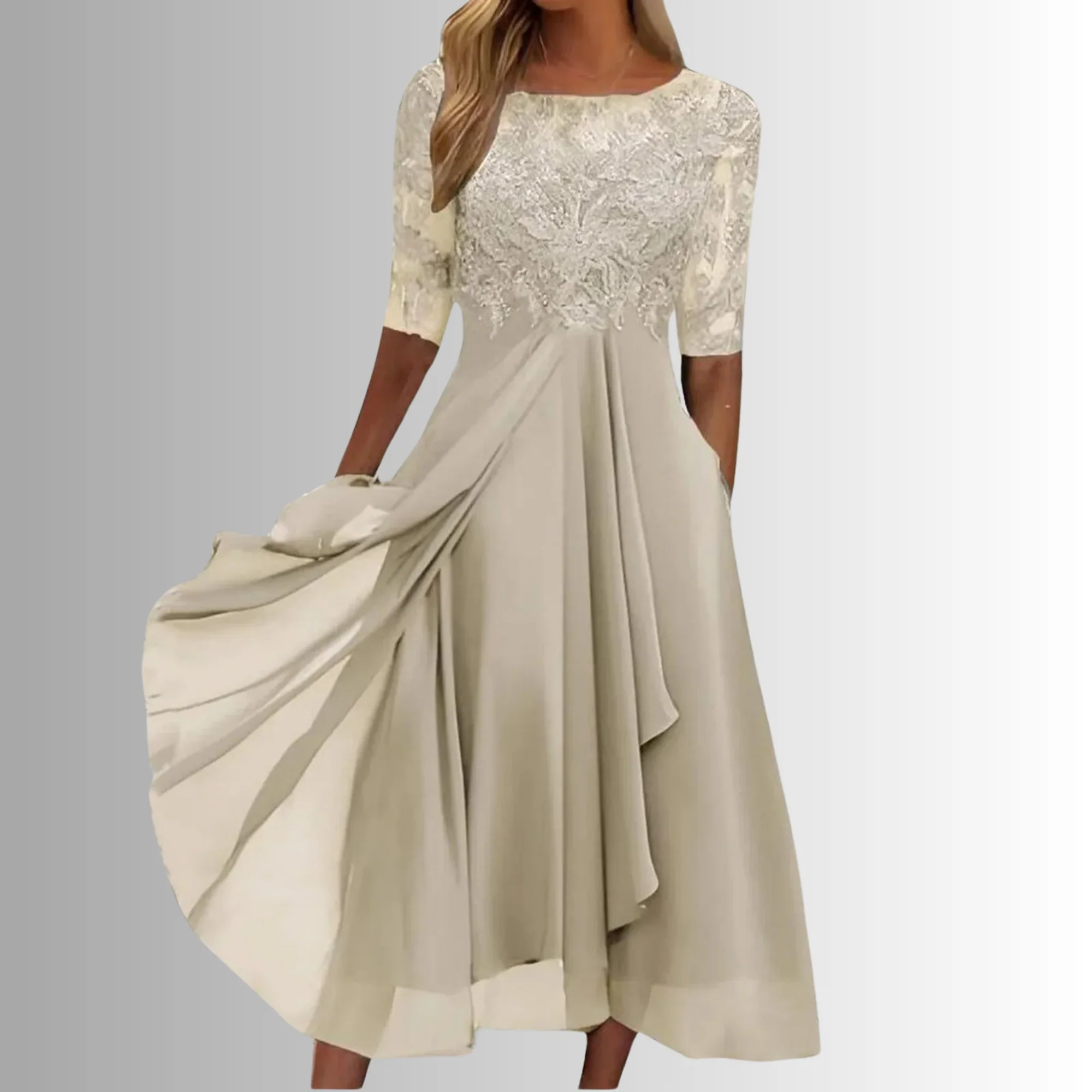 Women’s Midi Dress with Lace Appliqué Bodice and Flowing Chiffon Skirt - Image 4