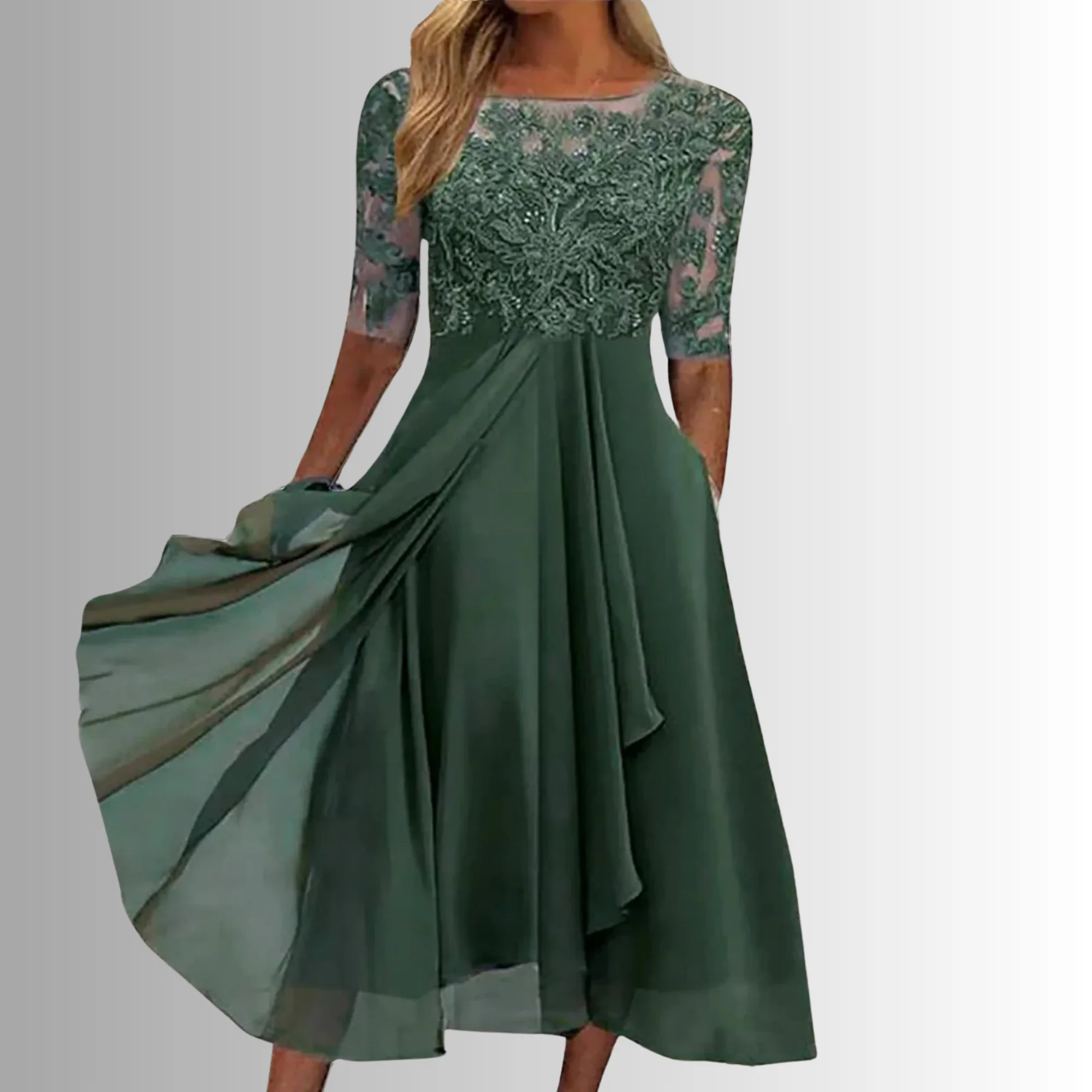 Women’s Midi Dress with Lace Appliqué Bodice and Flowing Chiffon Skirt - Image 5