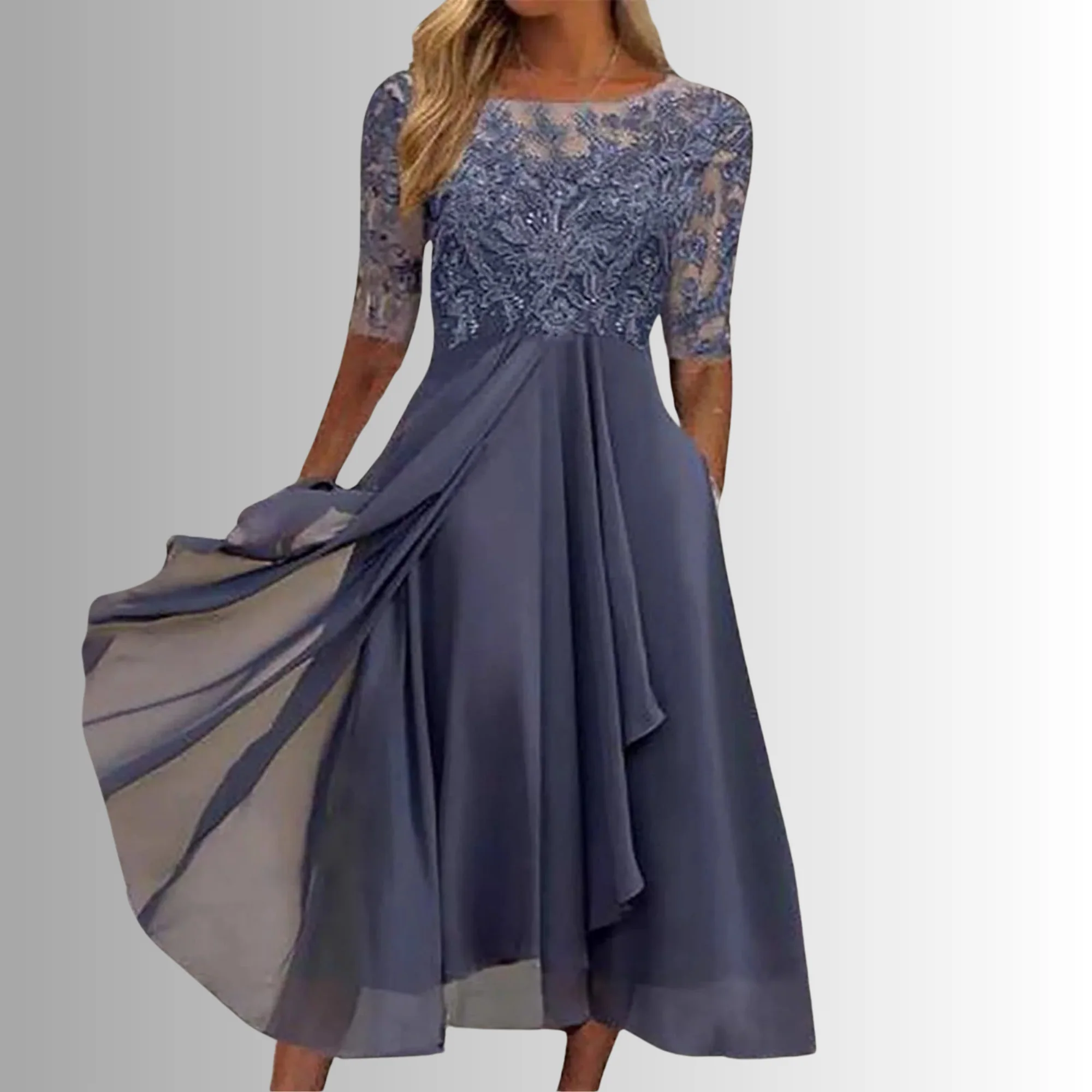 Women’s Midi Dress with Lace Appliqué Bodice and Flowing Chiffon Skirt - Image 6