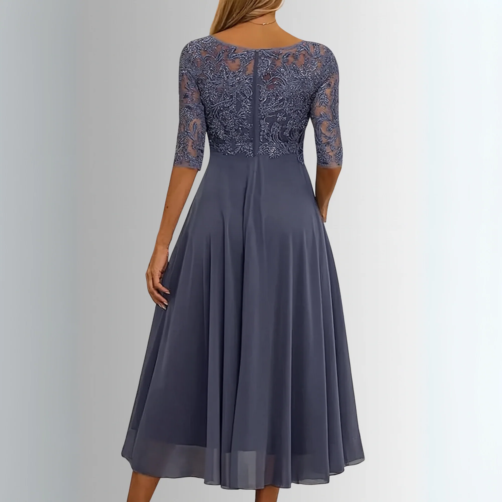 Women’s Midi Dress with Lace Appliqué Bodice and Flowing Chiffon Skirt - Image 7