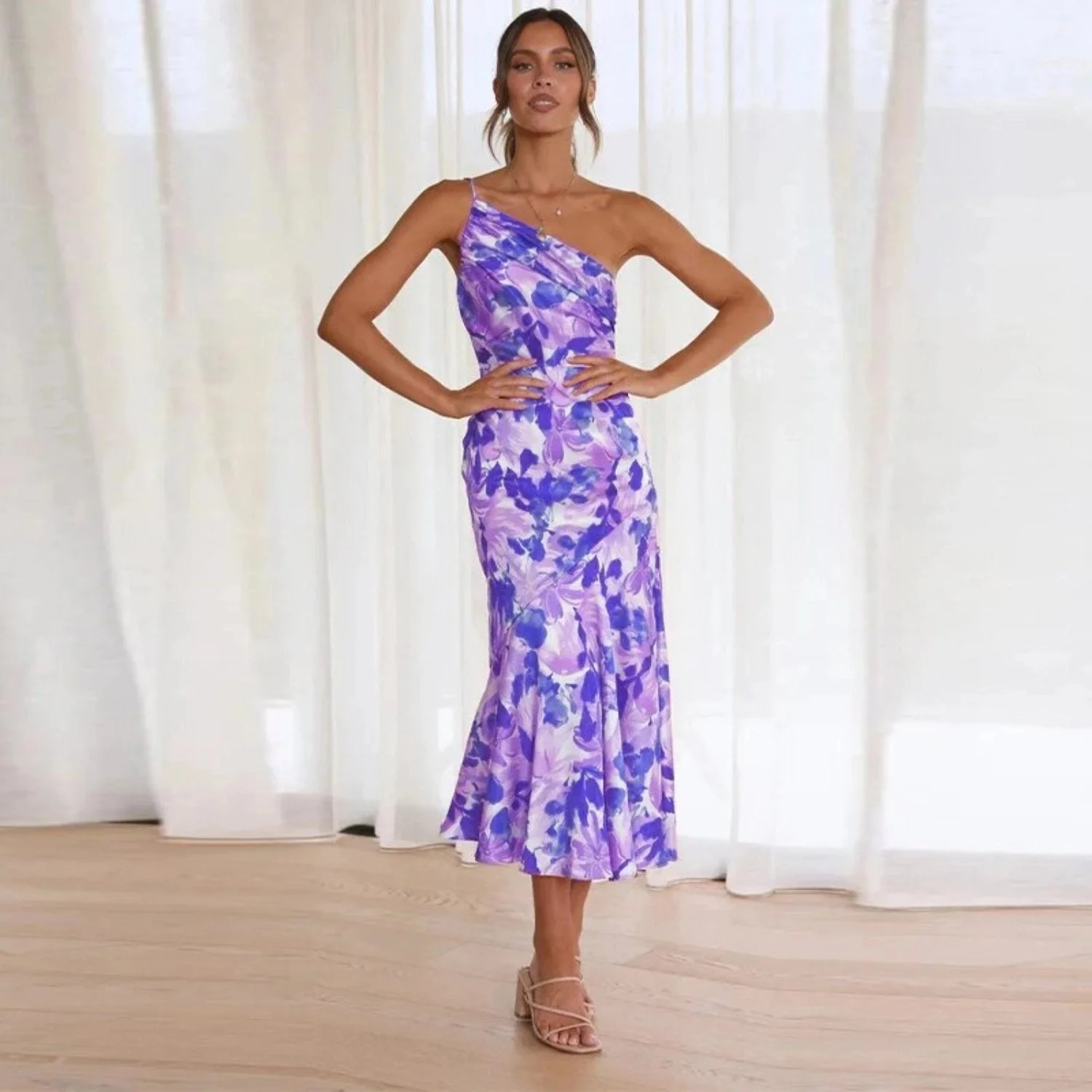 Women’s Midi Dress with One Shoulder Asymmetrical Neckline and Floral Print