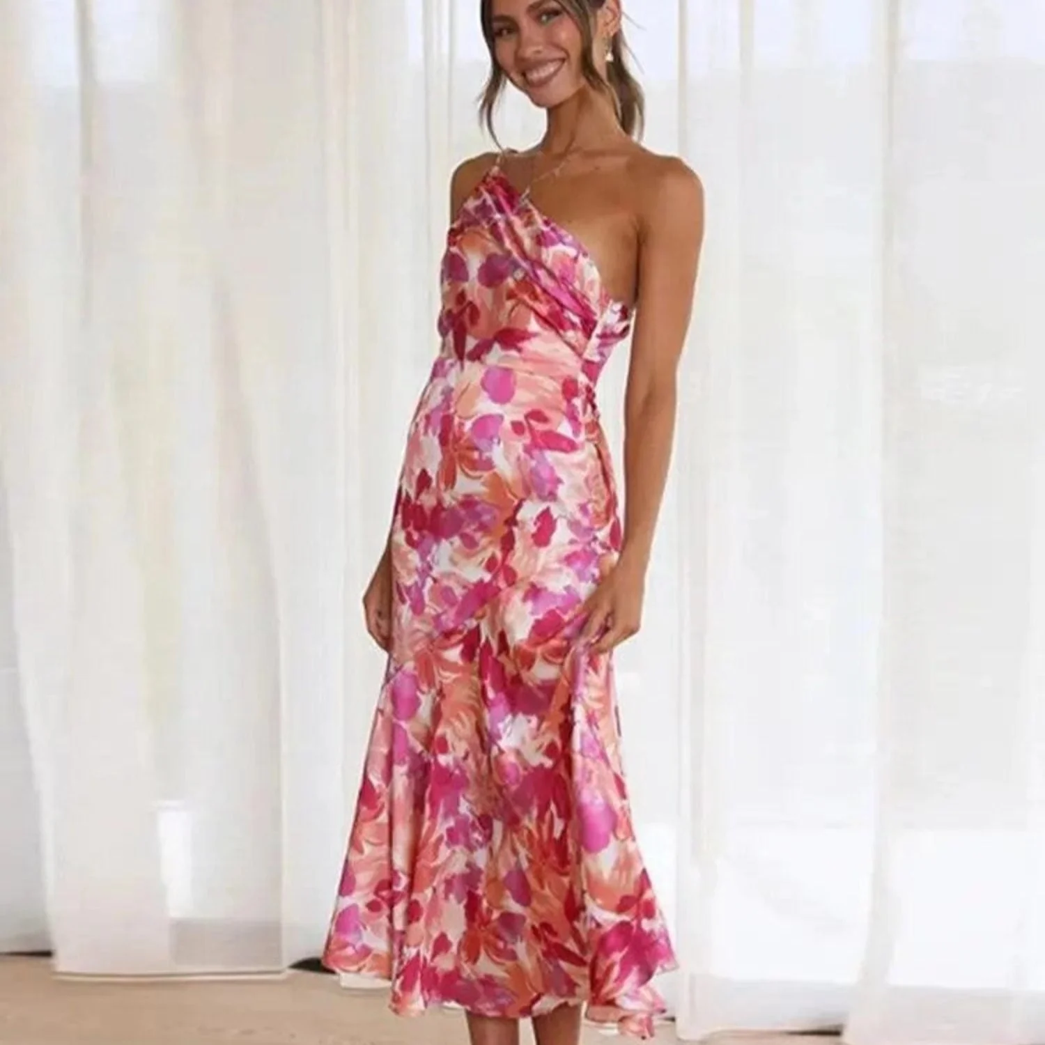 Women’s Midi Dress with One Shoulder Asymmetrical Neckline and Floral Print - Image 2