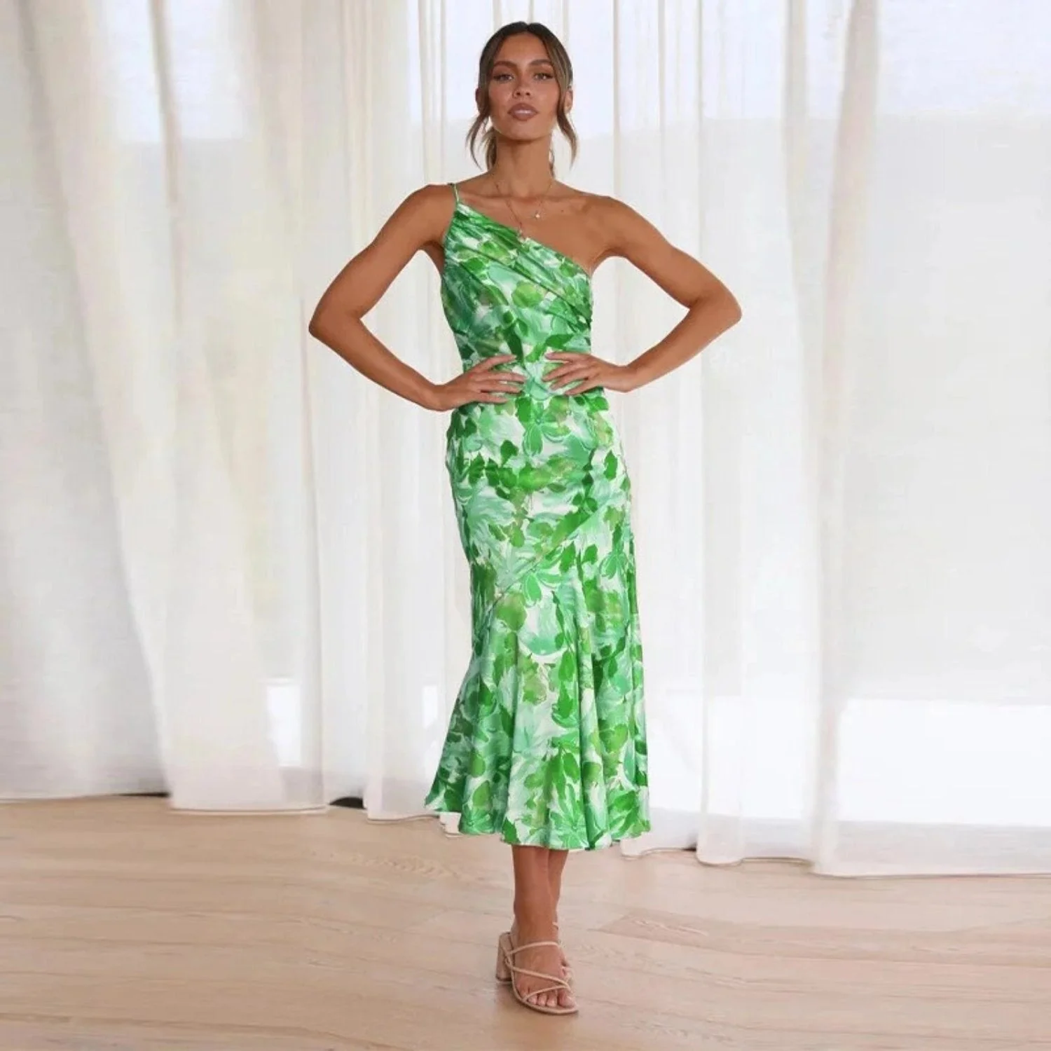 Women’s Midi Dress with One Shoulder Asymmetrical Neckline and Floral Print - Image 3