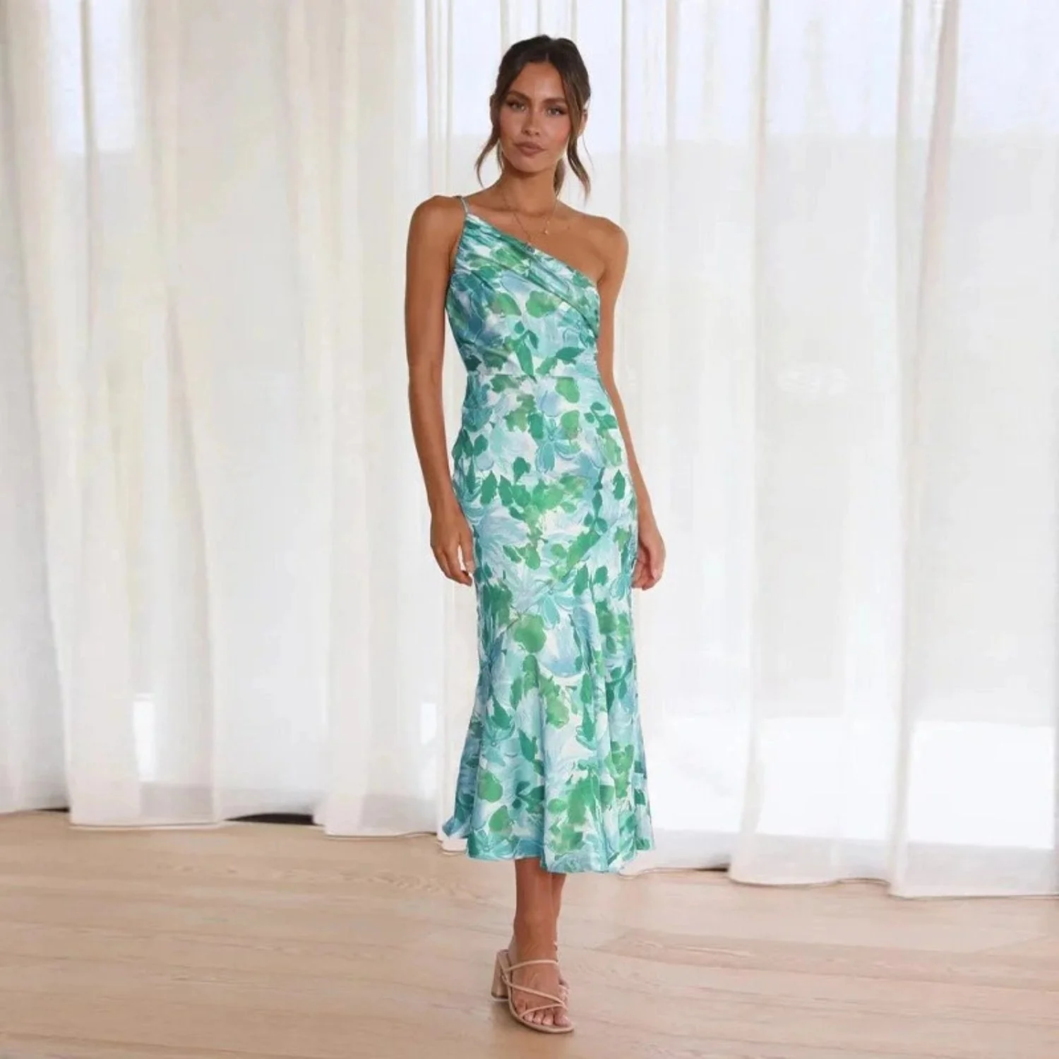 Women’s Midi Dress with One Shoulder Asymmetrical Neckline and Floral Print - Image 4