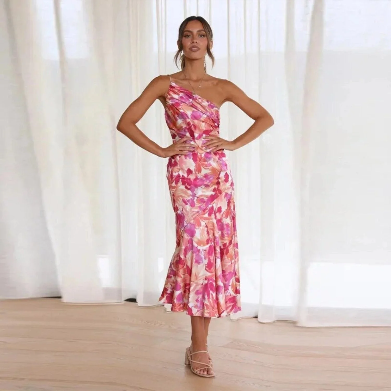 Women’s Midi Dress with One Shoulder Asymmetrical Neckline and Floral Print - Image 5