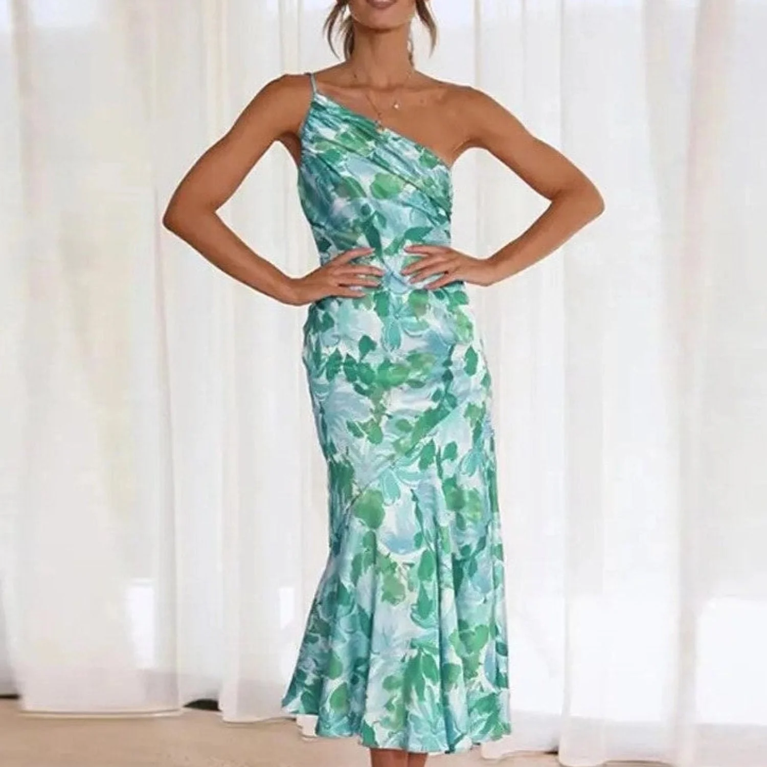 Women’s Midi Dress with One Shoulder Asymmetrical Neckline and Floral Print - Image 6