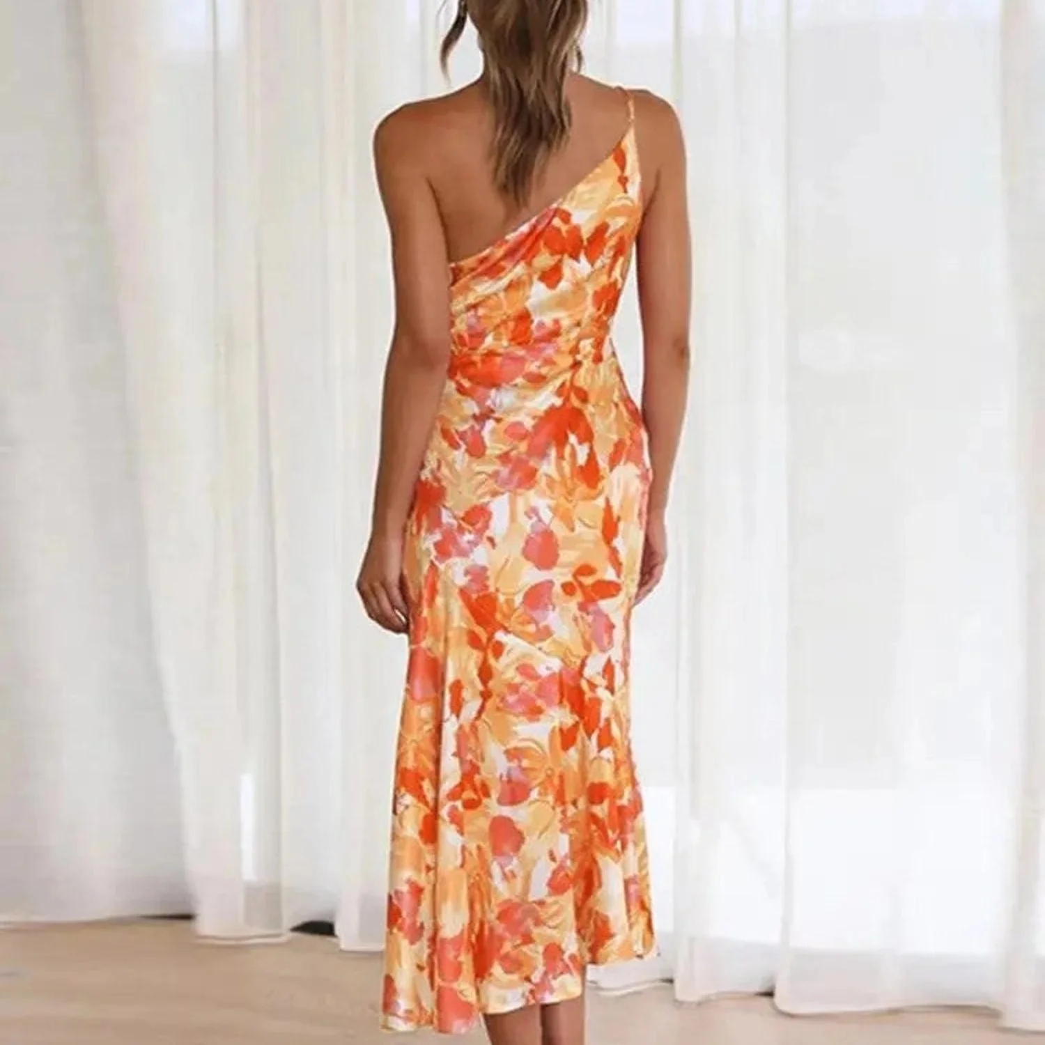Women’s Midi Dress with One Shoulder Asymmetrical Neckline and Floral Print - Image 7