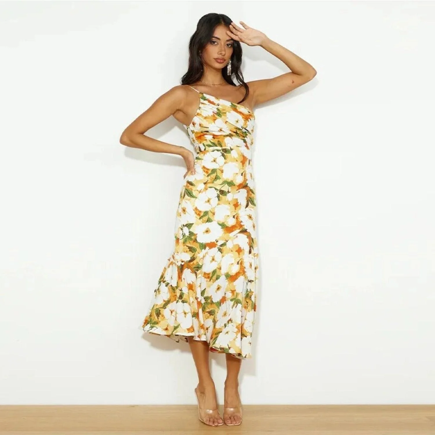 Women’s Midi Dress with One Shoulder Asymmetrical Neckline and Floral Print - Image 8