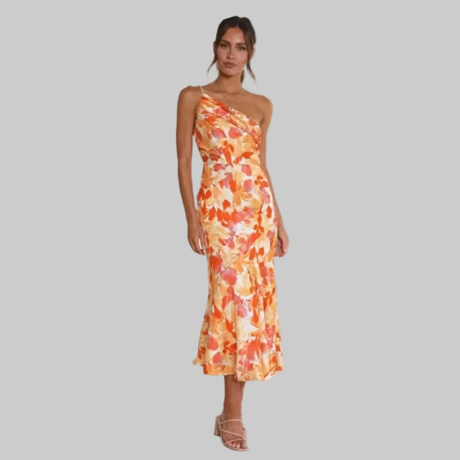 Women’s Midi Dress with One Shoulder Asymmetrical Neckline and Floral Print - Image 9