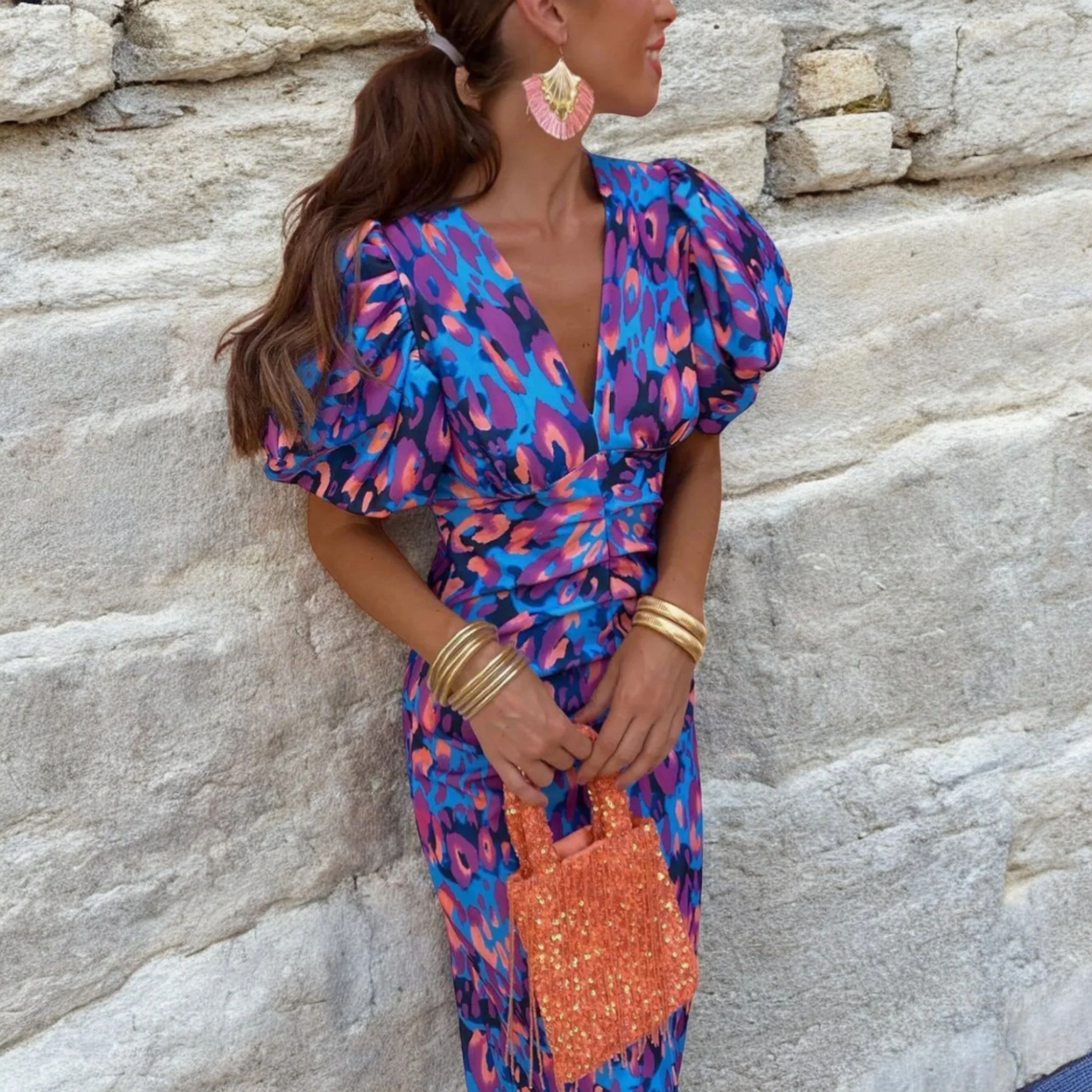 Women’s Midi Dress with Ruched Bodice and Voluminous Puff Sleeves - Image 4