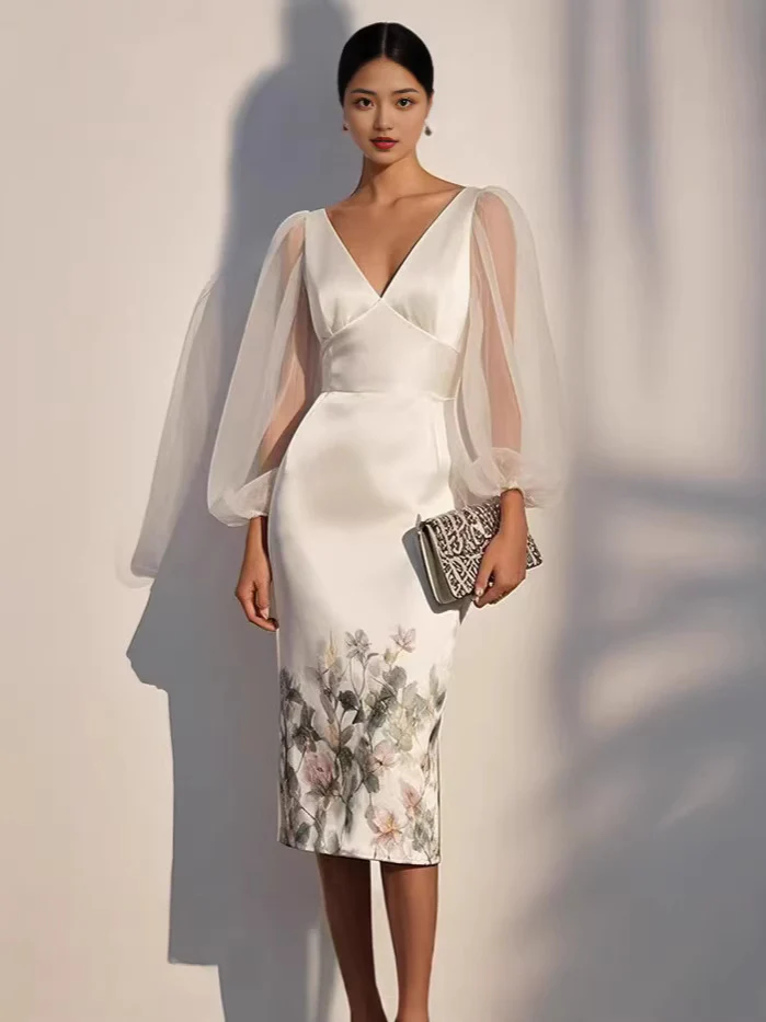 Women’s Midi Dress with Sheer Puff Sleeves and Floral Border Print - Image 2