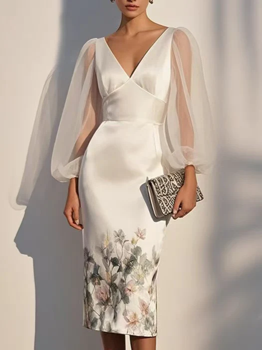 Women’s Midi Dress with Sheer Puff Sleeves and Floral Border Print - Image 3