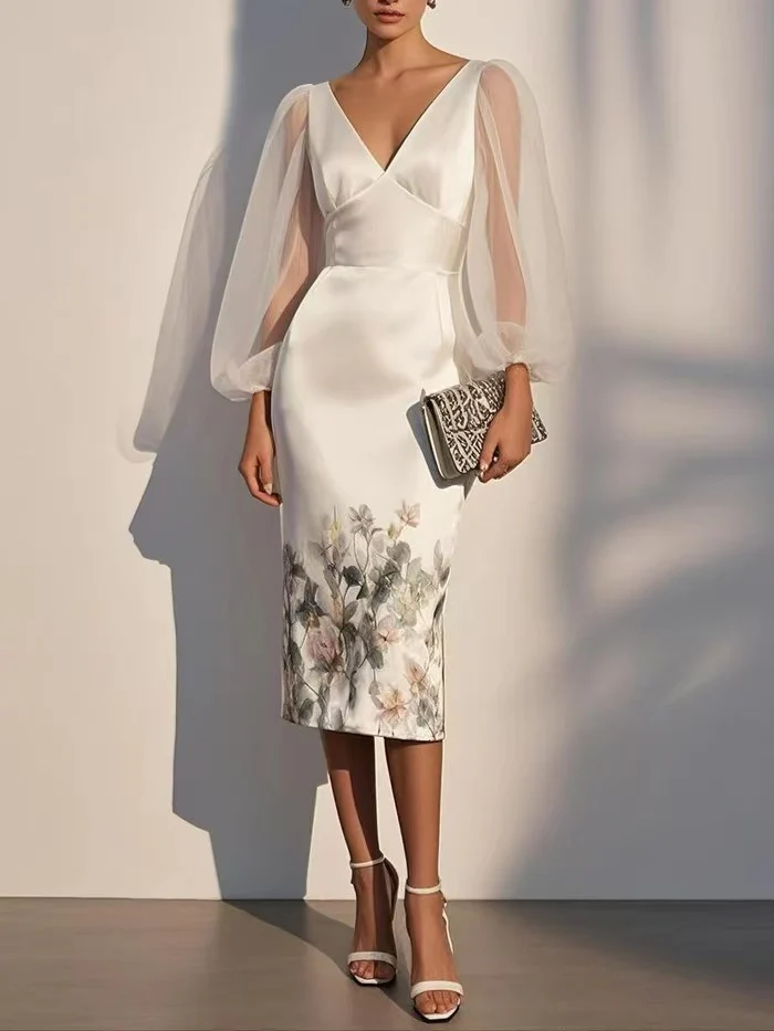 Women’s Midi Dress with Sheer Puff Sleeves and Floral Border Print - Image 5