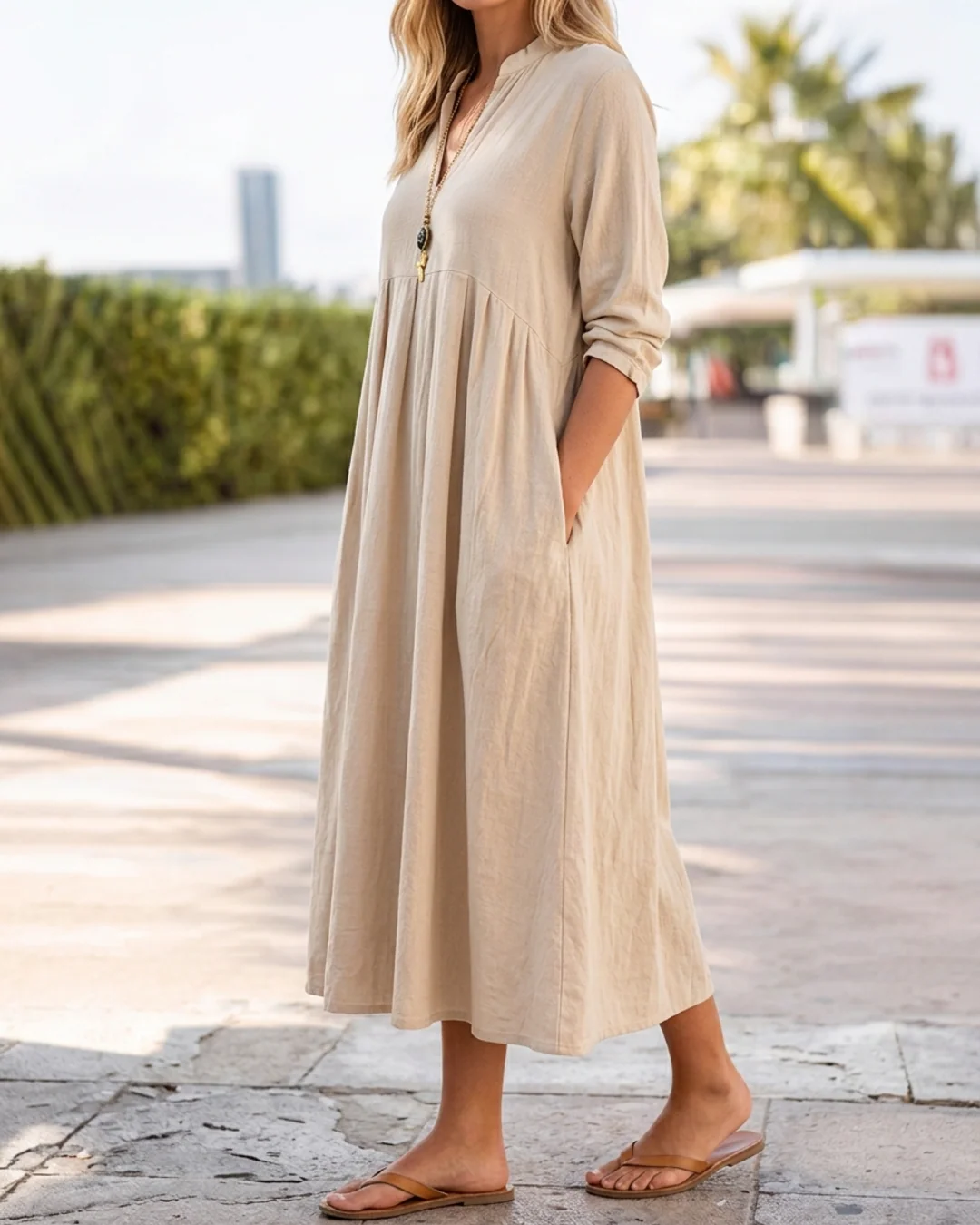 Women’s Midi Dress with V-Neck and Empire Waist Pleated Skirt - Image 3