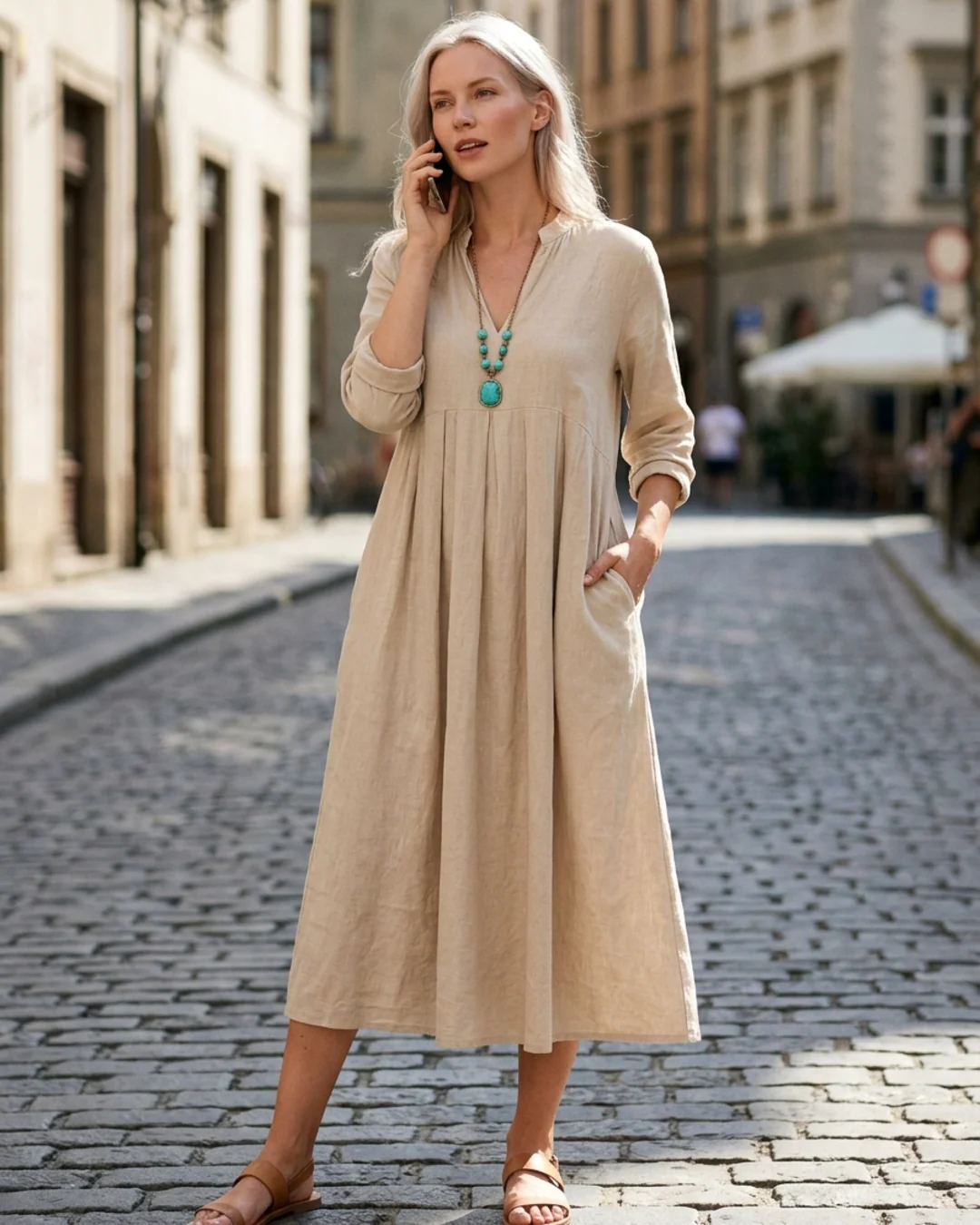 Women’s Midi Dress with V-Neck and Empire Waist Pleated Skirt - Image 6