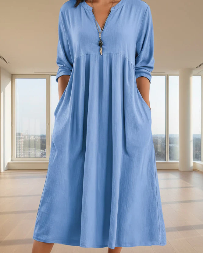 Women’s Midi Dress with V-Neck and Empire Waist Pleated Skirt - Image 7