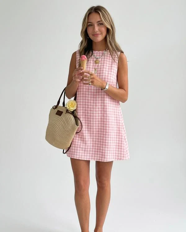 Women’s Mini Dress Gingham Check Sleeveless Shift Romper - Image 7