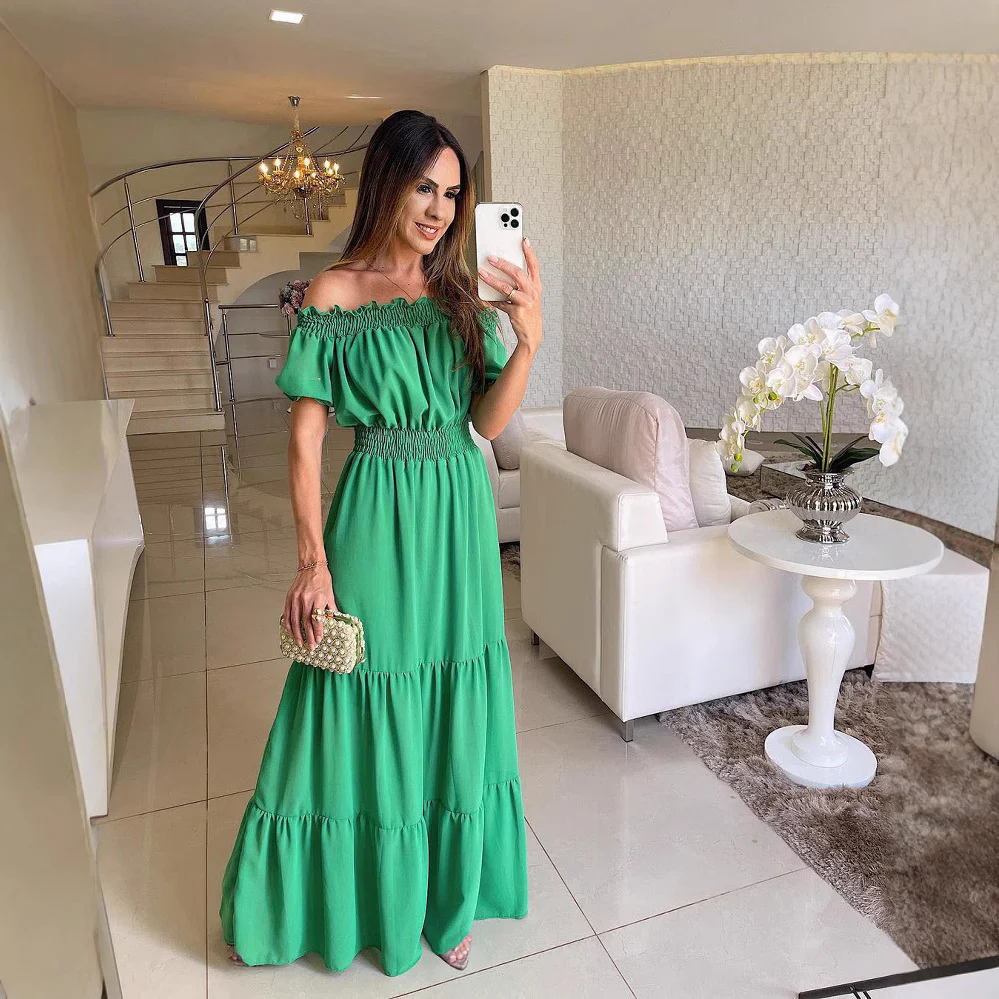 Women's Off-Shoulder Maxi Dress with Smocked Waist and Tiered Skirt