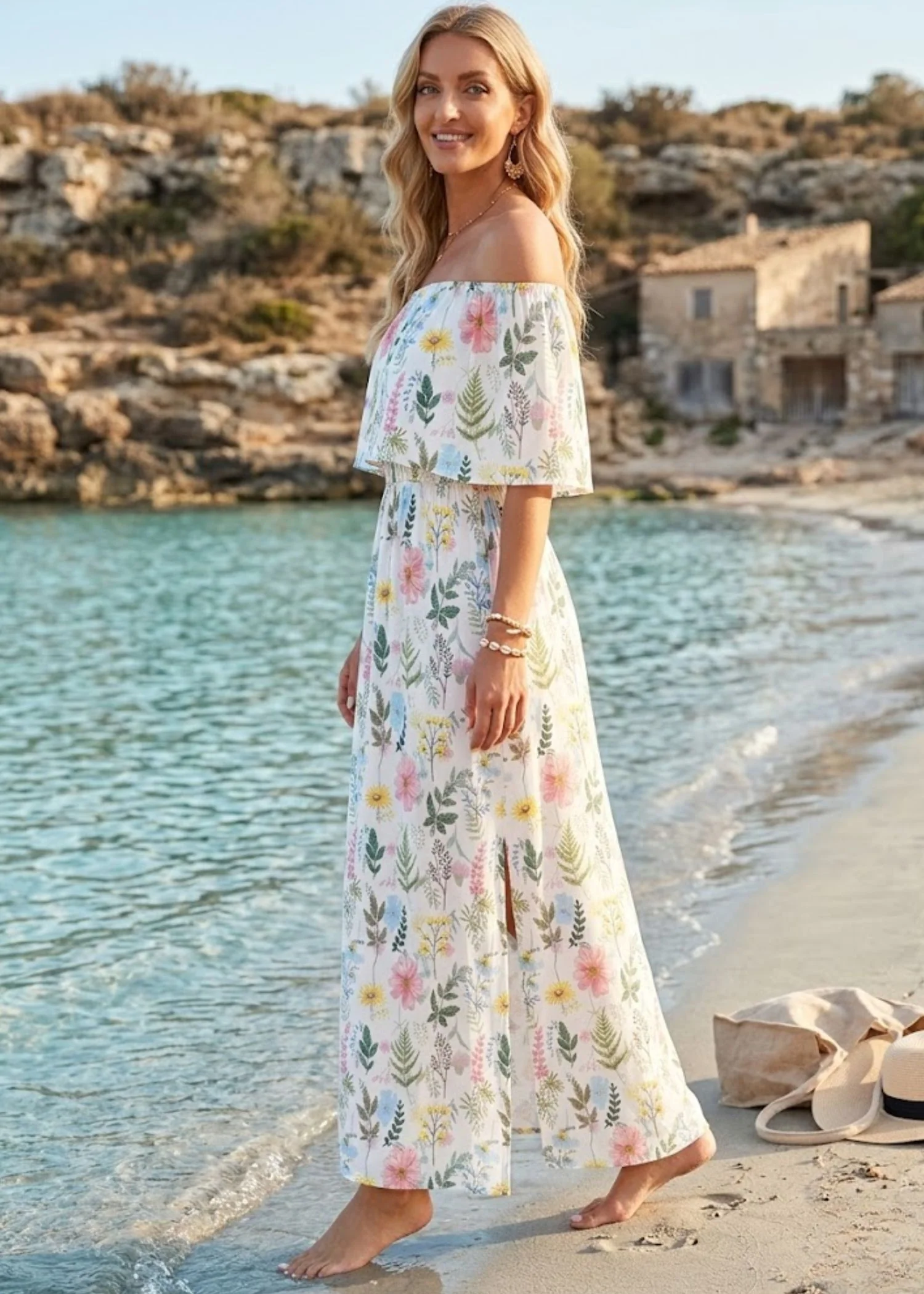 Women’s Off the Shoulder Maxi Dress with Ruffle Overlay and Side Pockets