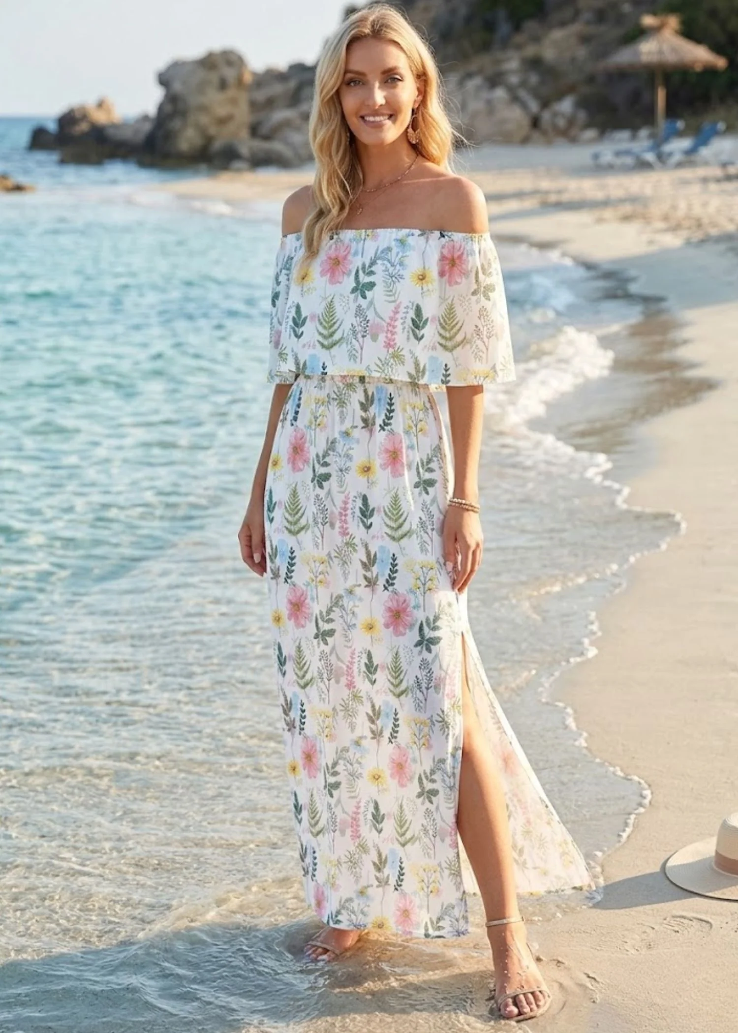 Women’s Off the Shoulder Maxi Dress with Ruffle Overlay and Side Pockets - Image 2