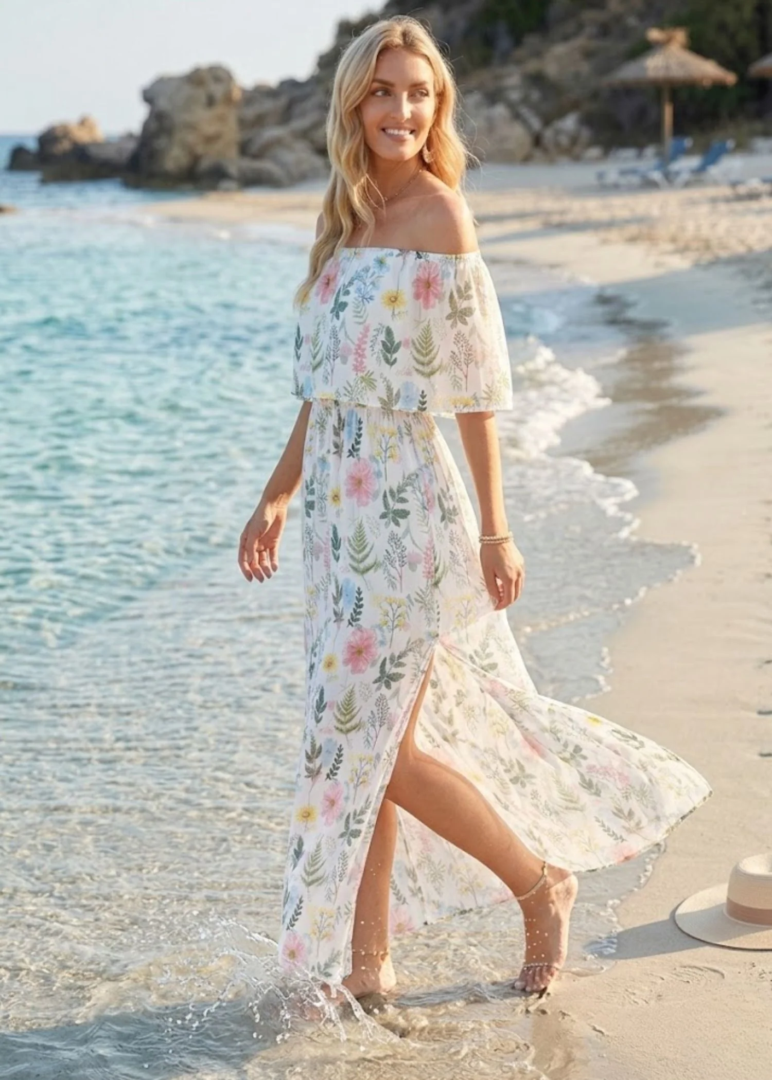 Women’s Off the Shoulder Maxi Dress with Ruffle Overlay and Side Pockets - Image 3