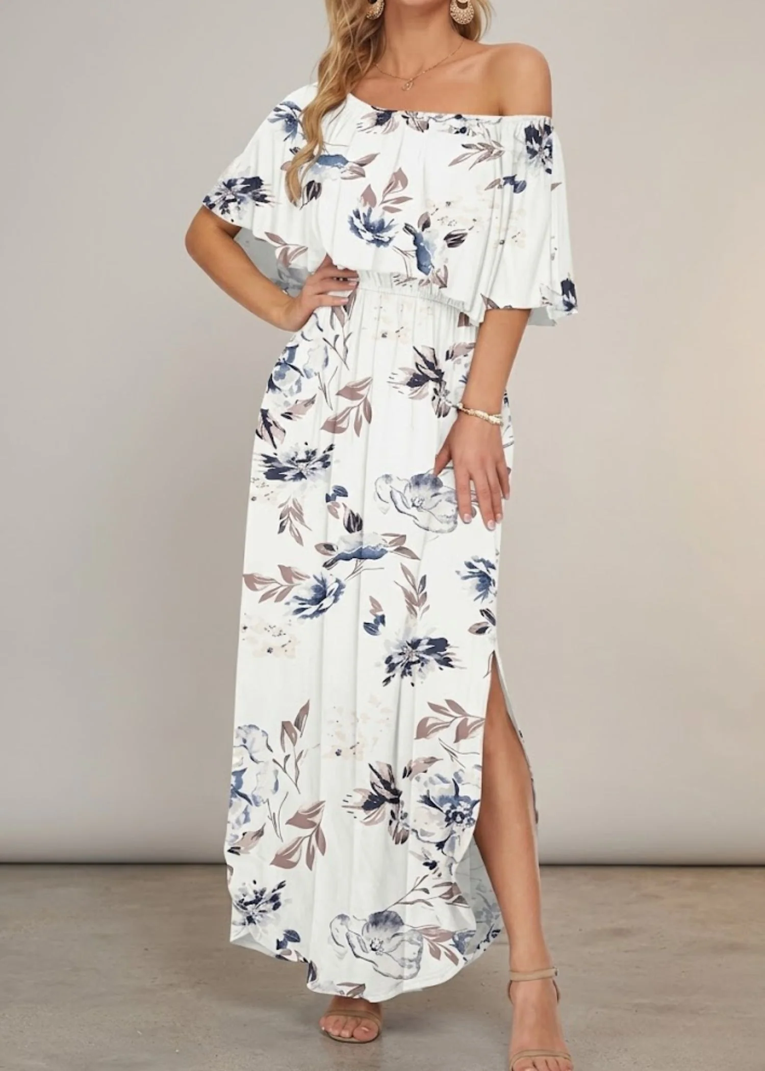Women’s Off the Shoulder Maxi Dress with Ruffle Overlay and Side Pockets - Image 5