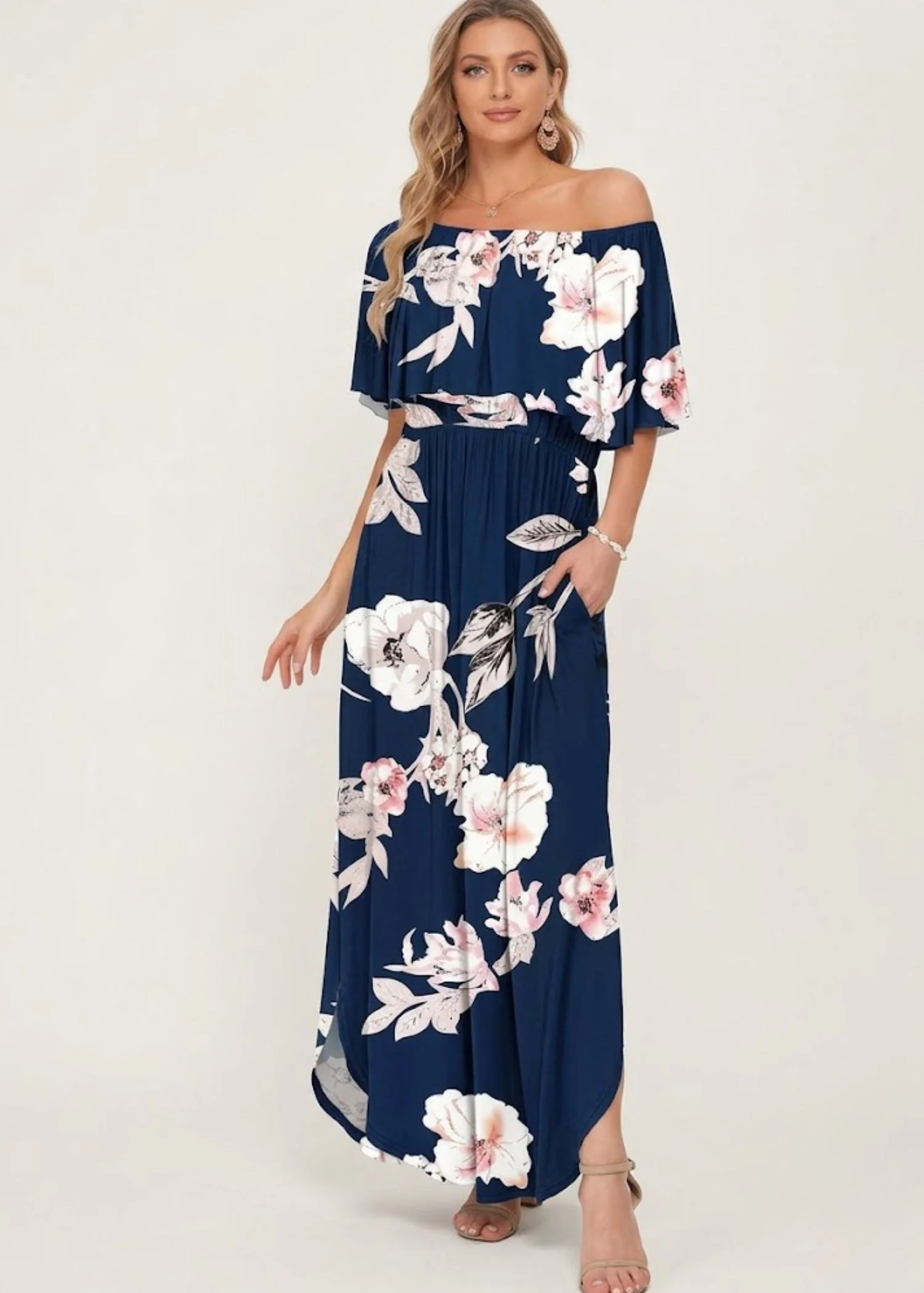 Women’s Off the Shoulder Maxi Dress with Ruffle Overlay and Side Pockets - Image 6