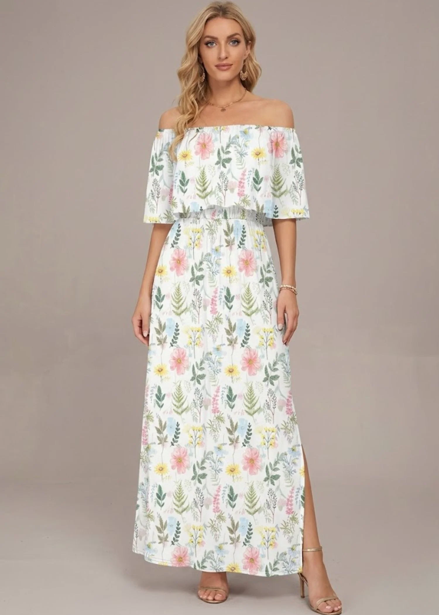 Women’s Off the Shoulder Maxi Dress with Ruffle Overlay and Side Pockets - Image 7
