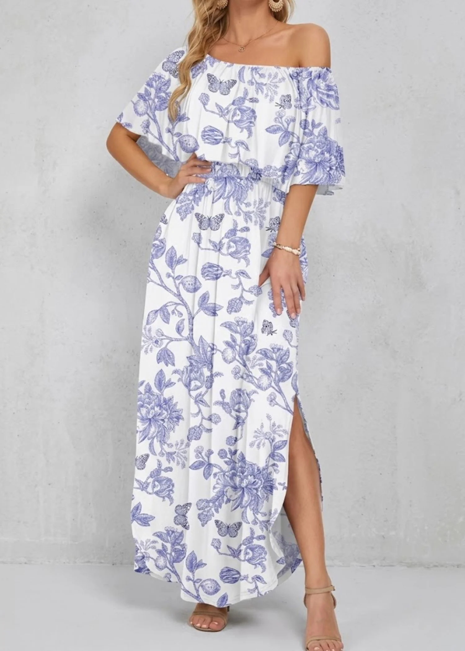 Women’s Off the Shoulder Maxi Dress with Ruffle Overlay and Side Pockets - Image 8