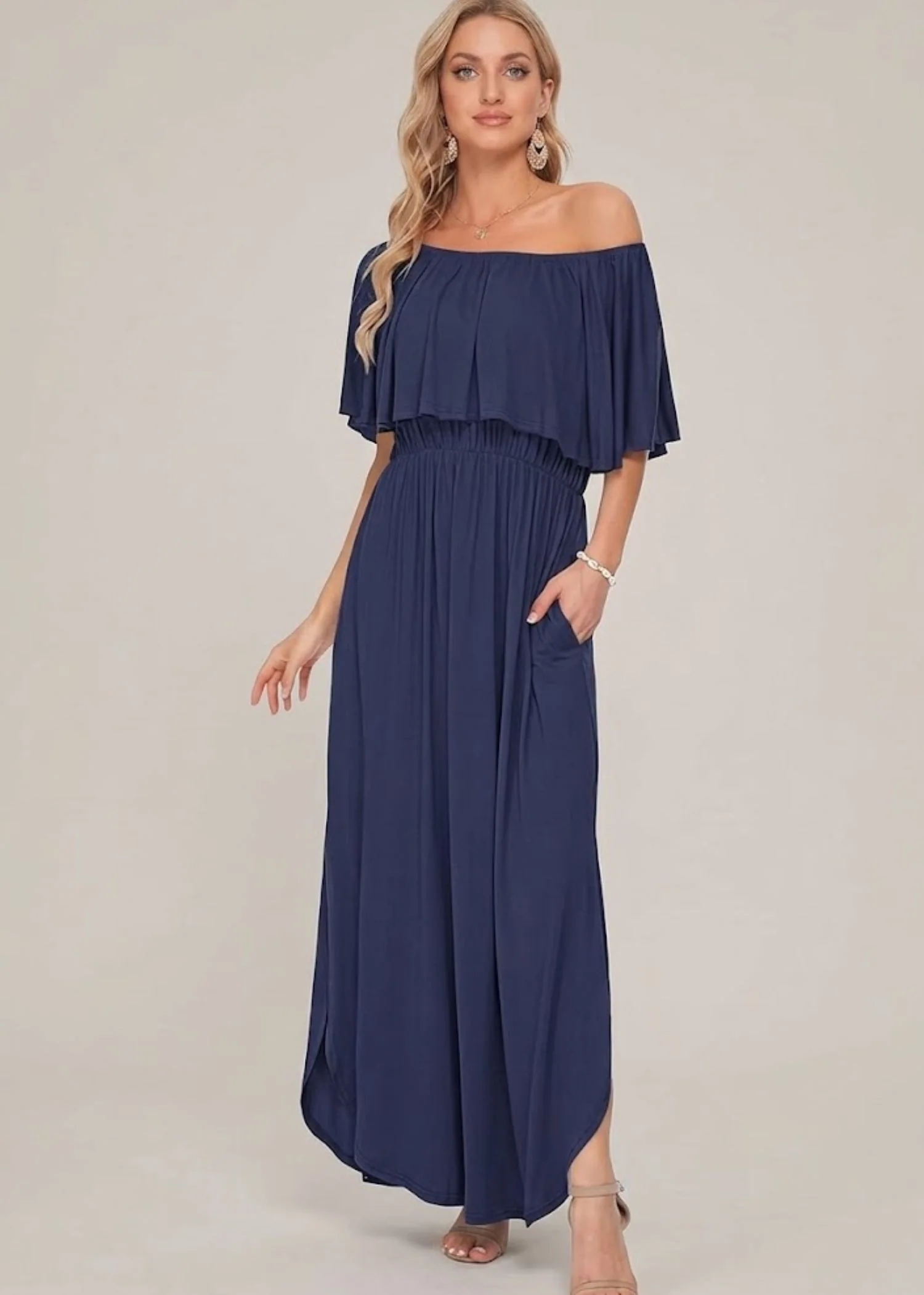 Women’s Off the Shoulder Maxi Dress with Ruffle Overlay and Side Pockets - Image 9