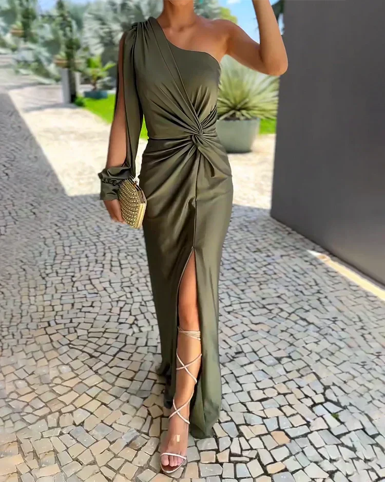 Women’s One-Shoulder Satin Maxi Dress Twisted Waist High Slit Wedding Guest Gown - Image 2