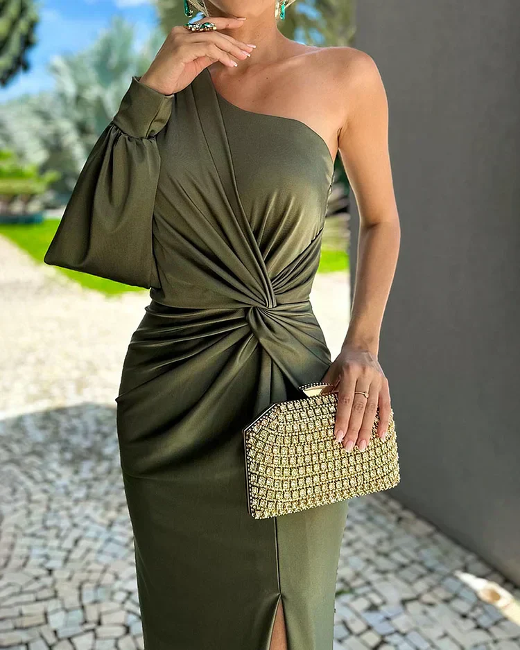 Women’s One-Shoulder Satin Maxi Dress Twisted Waist High Slit Wedding Guest Gown - Image 3