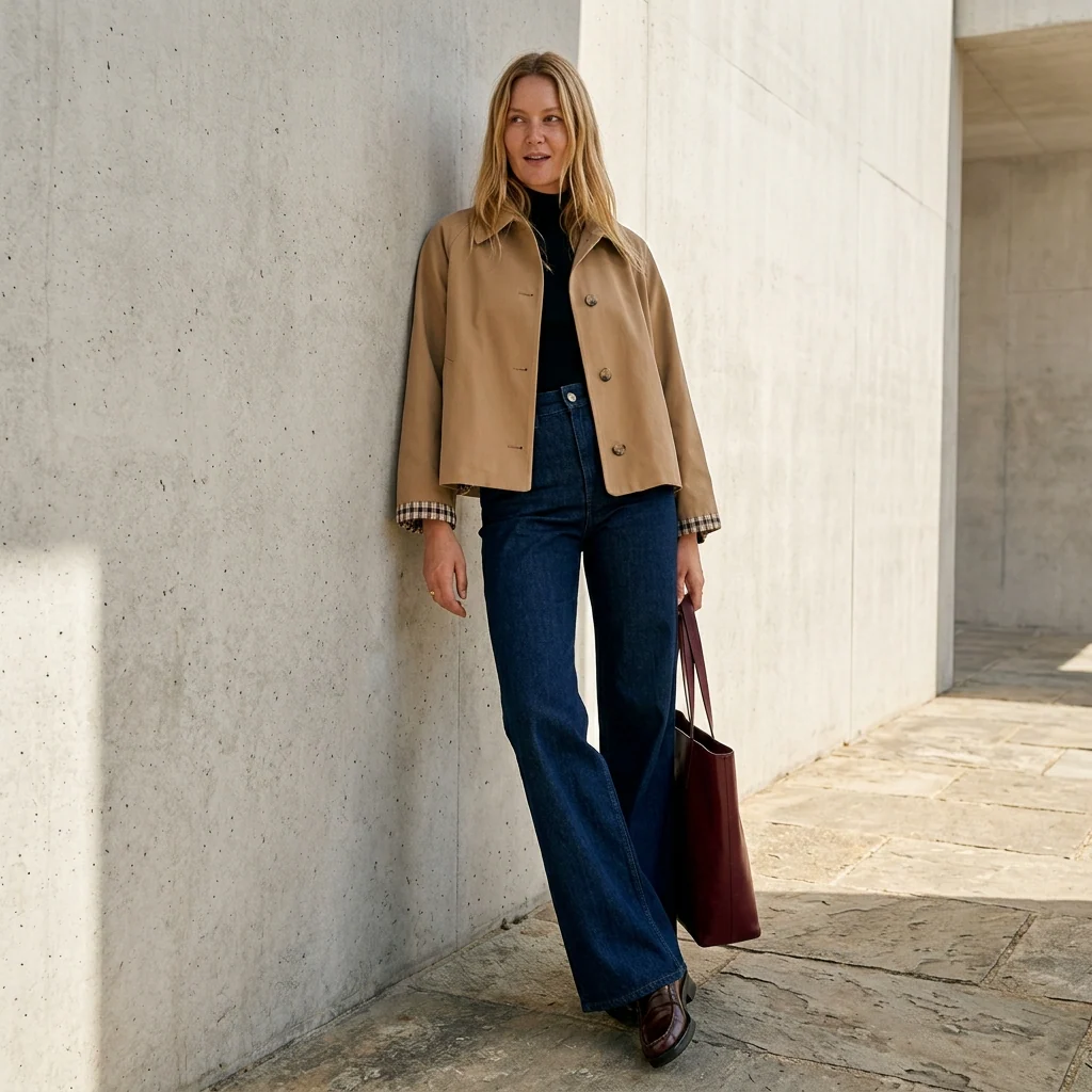 Women's Oversized Cropped Trench Jacket with Gingham Cuff Lining - Image 3