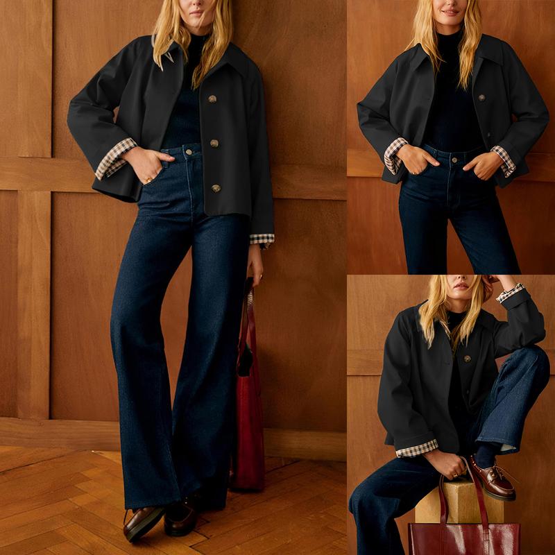 Women's Oversized Cropped Trench Jacket with Gingham Cuff Lining - Image 4