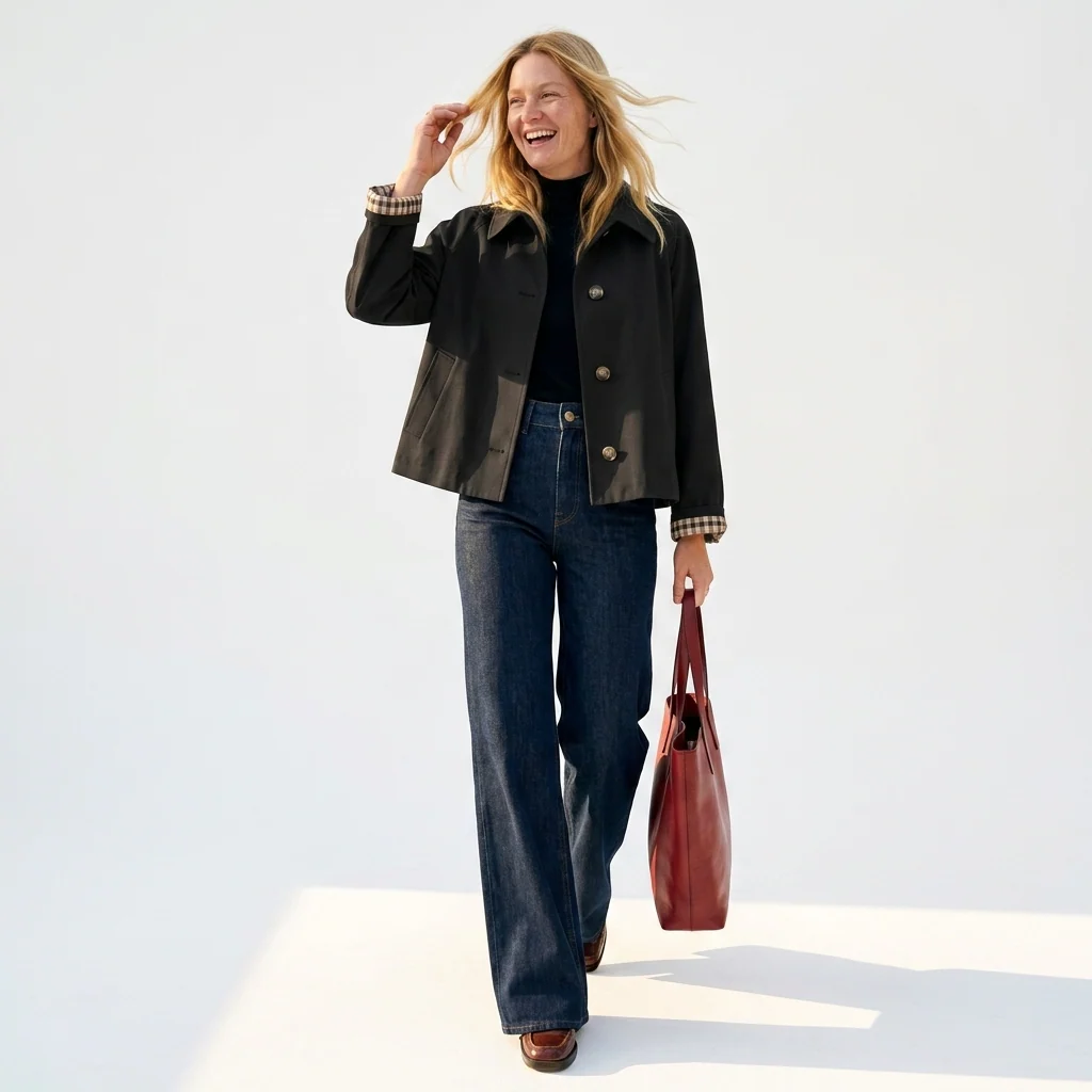 Women's Oversized Cropped Trench Jacket with Gingham Cuff Lining - Image 5