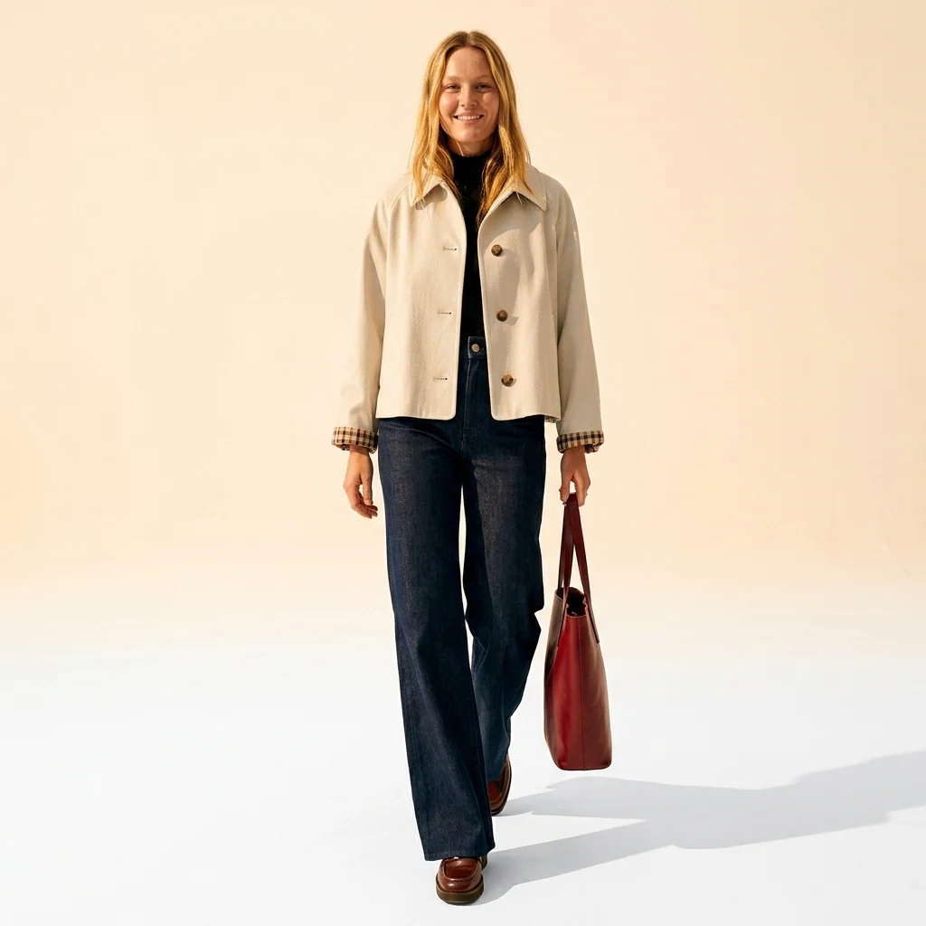 Women's Oversized Cropped Trench Jacket with Gingham Cuff Lining - Image 6