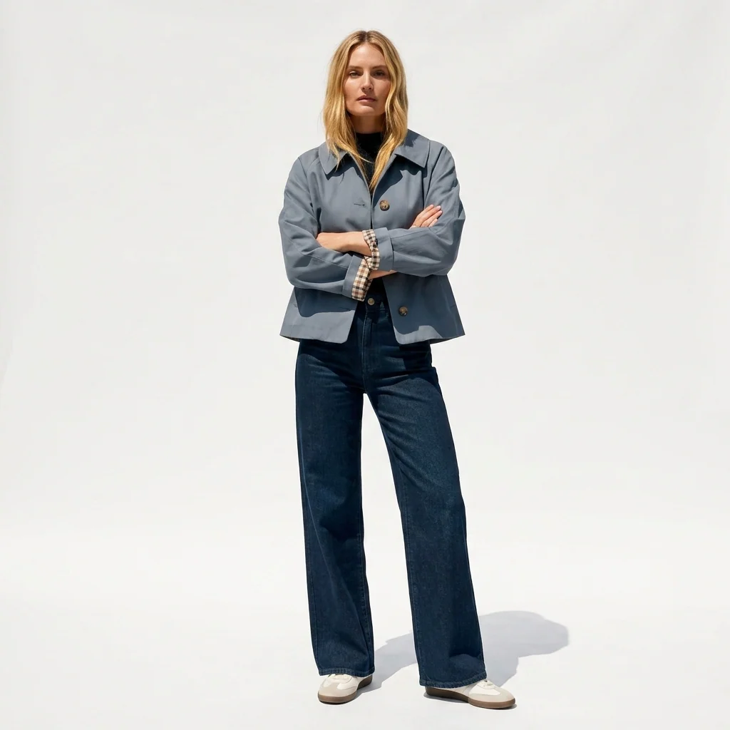 Women's Oversized Cropped Trench Jacket with Gingham Cuff Lining - Image 7
