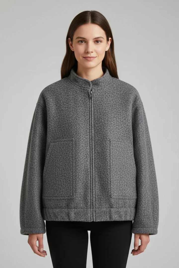 Women’s Oversized Jacket with Ribbed Collar and Zip Closure - Image 2