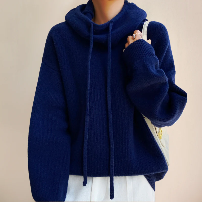 Women's Oversized Knit Pullover Sweater with Cowl Neck and Drawstring Hoodie Detail - Image 4