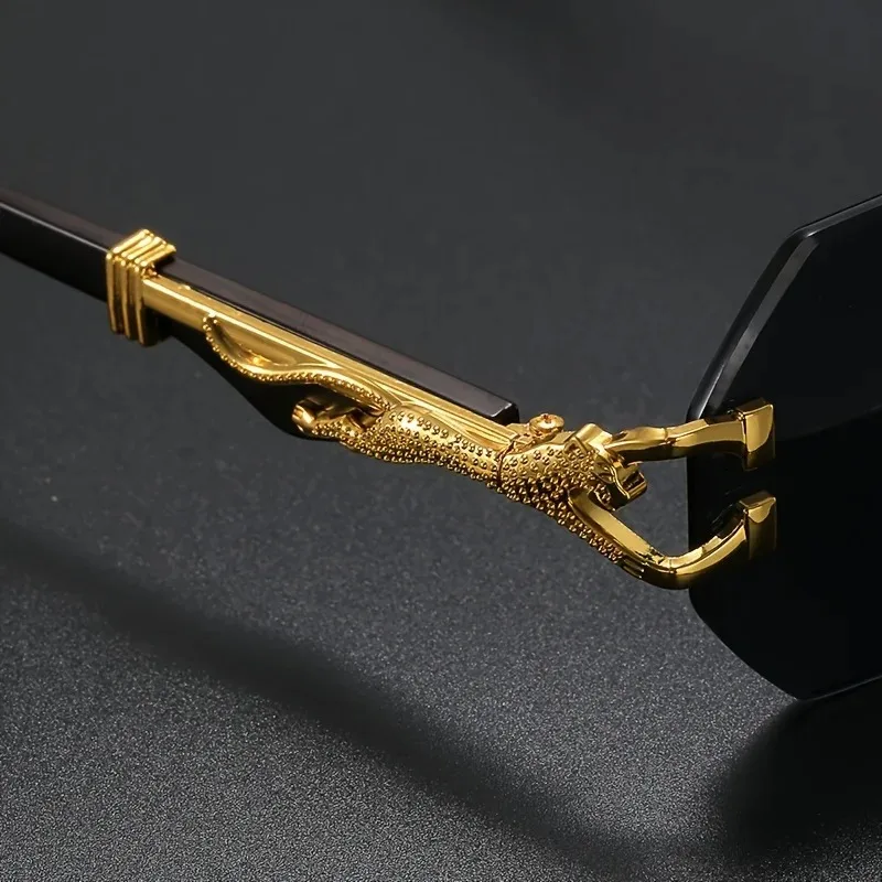 Women’s Rimless Geometric Sunglasses with Sculptural Gold Panther Hardware Detail - Image 10
