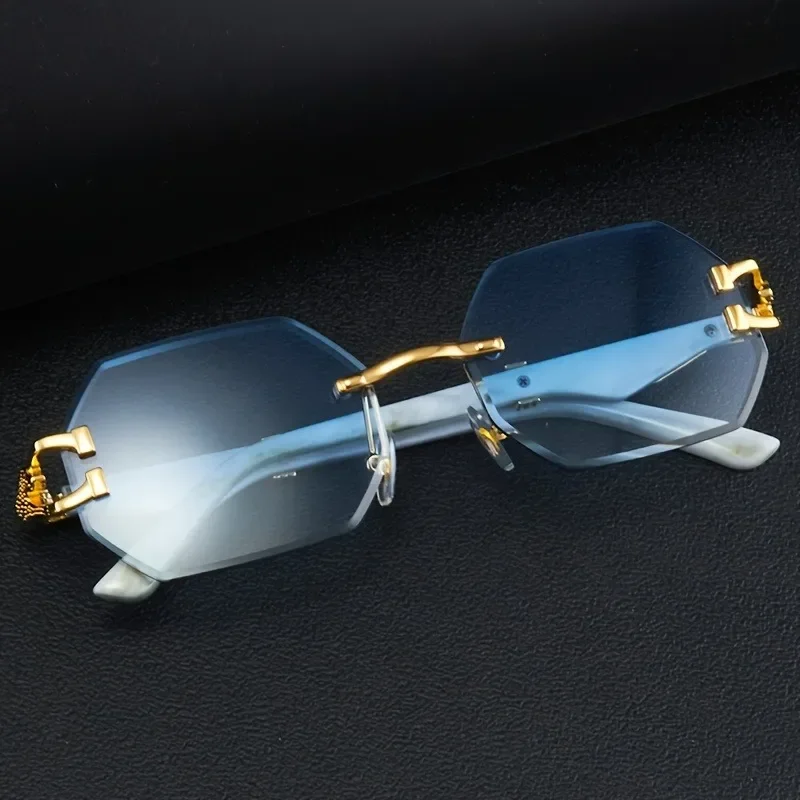 Women’s Rimless Geometric Sunglasses with Sculptural Gold Panther Hardware Detail - Image 11