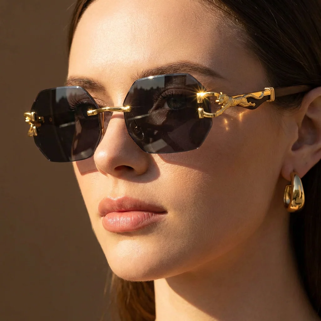 Women’s Rimless Geometric Sunglasses with Sculptural Gold Panther Hardware Detail - Image 3