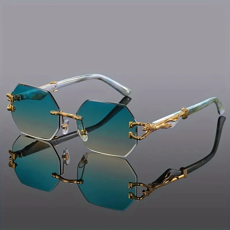 Women’s Rimless Geometric Sunglasses with Sculptural Gold Panther Hardware Detail - Image 4