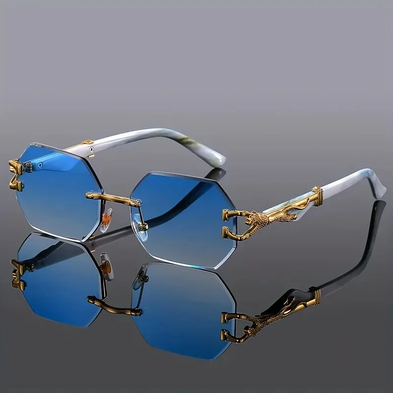 Women’s Rimless Geometric Sunglasses with Sculptural Gold Panther Hardware Detail - Image 5