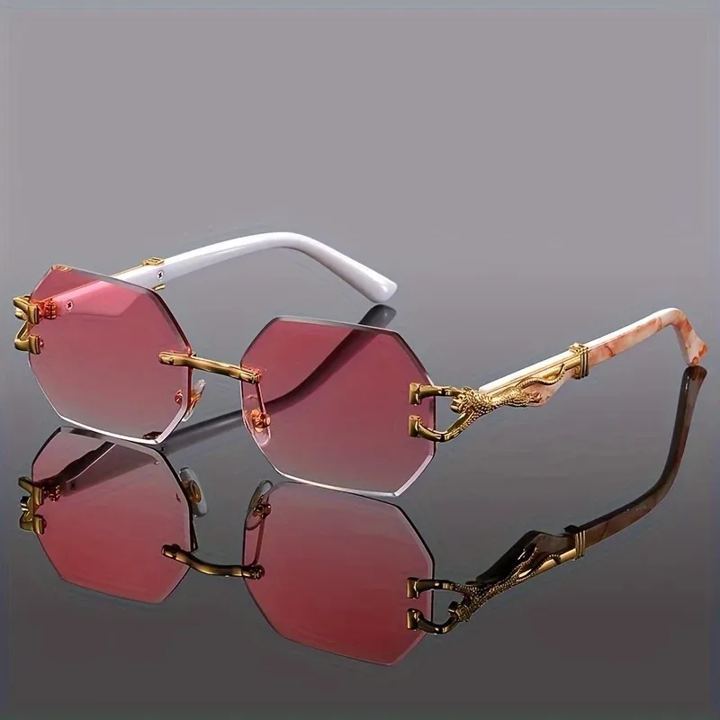 Women’s Rimless Geometric Sunglasses with Sculptural Gold Panther Hardware Detail - Image 6