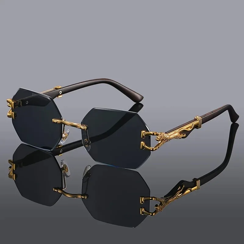 Women’s Rimless Geometric Sunglasses with Sculptural Gold Panther Hardware Detail - Image 7