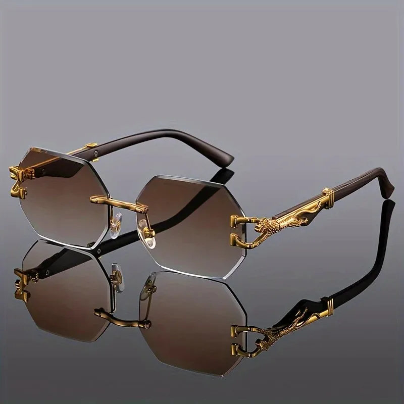 Women’s Rimless Geometric Sunglasses with Sculptural Gold Panther Hardware Detail - Image 8